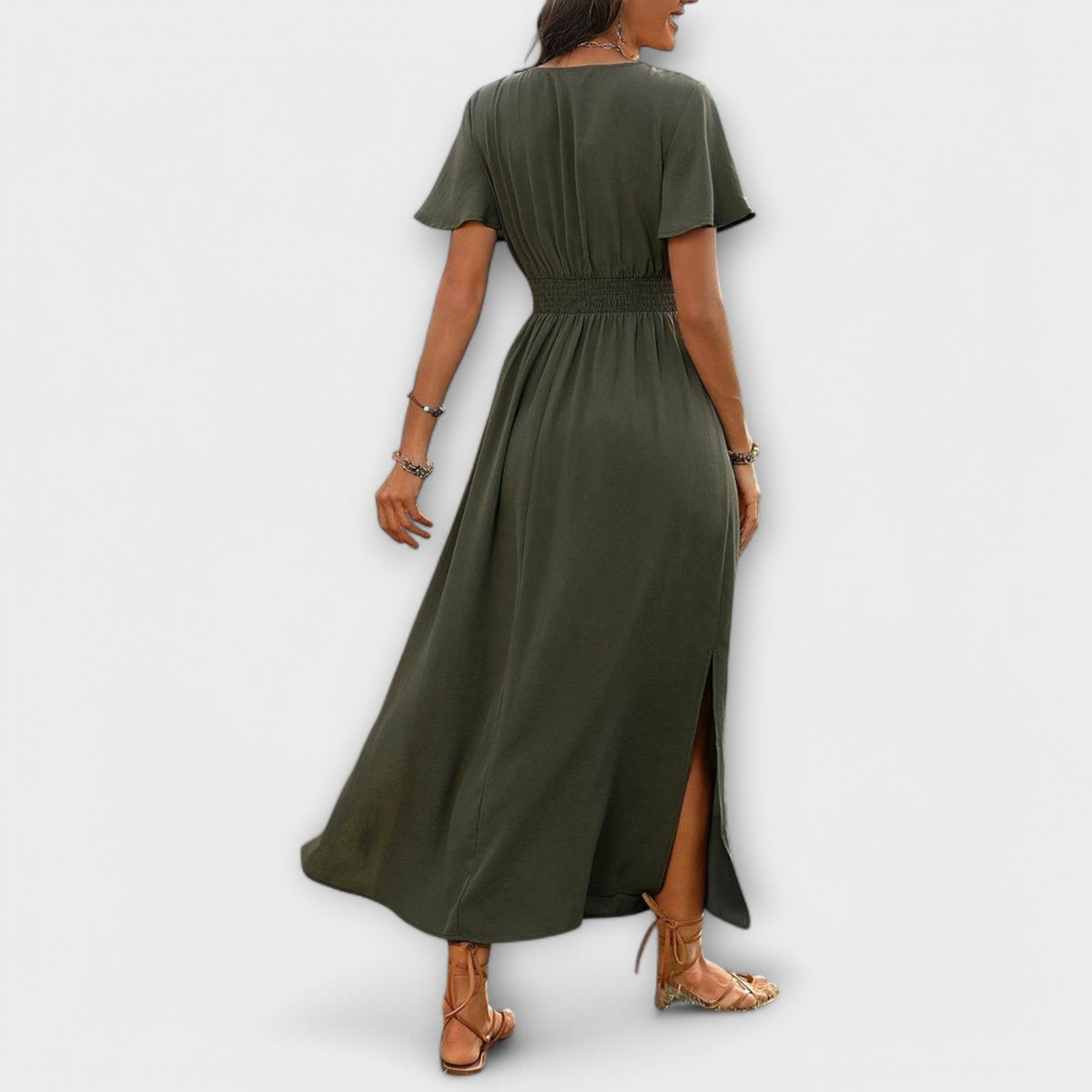 Heather - Elegant Boho Dress with V-Neck and Long Sleeves
